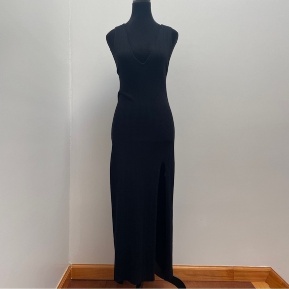 Michael Costello x Revolve- Black Variegated Rib Bodycon Dress V Neck Side Slit - Picture 2 of 12